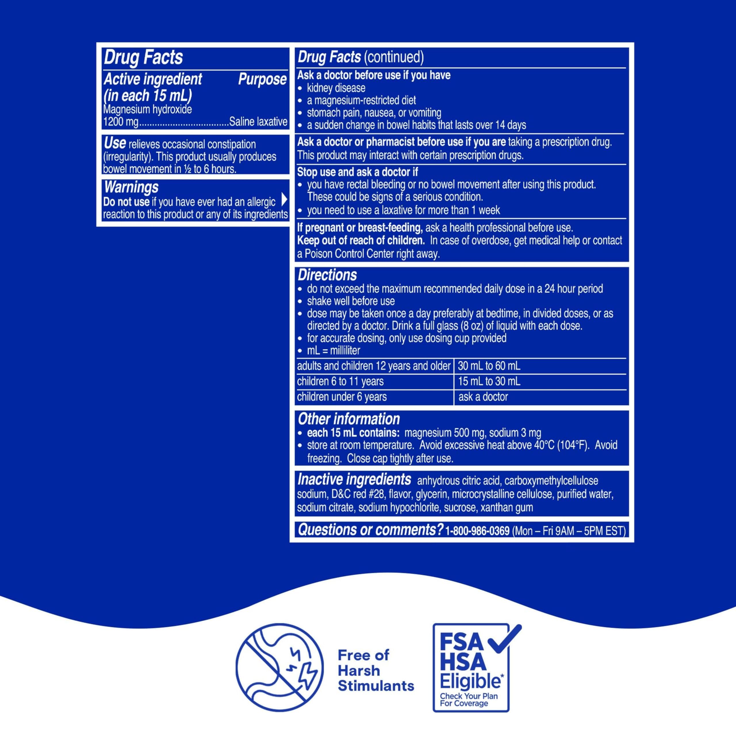 Adults and children 12+ dosing on Phillips’ Milk of Magnesia label