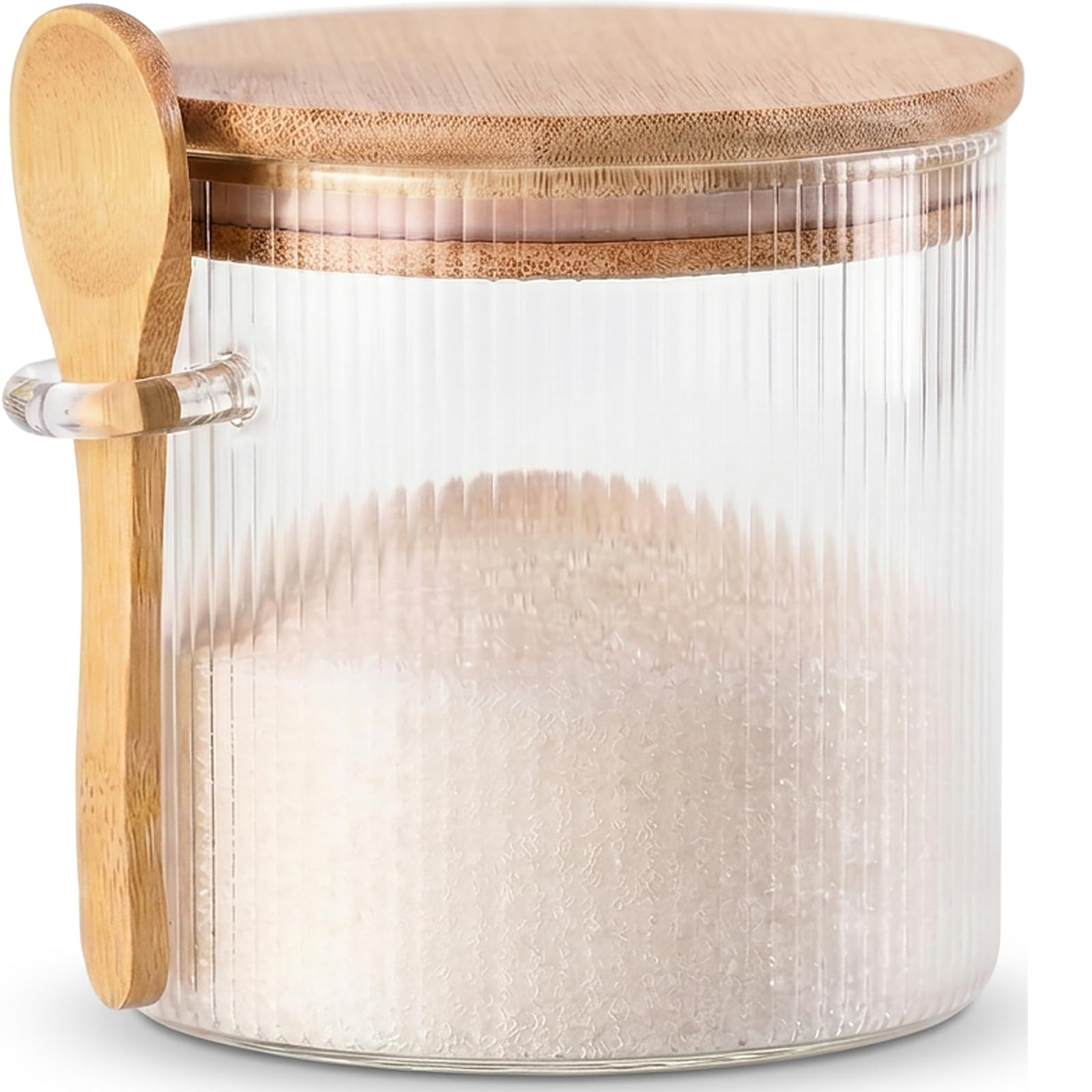 Phininia 21oz glass sugar container with bamboo lid and spoon