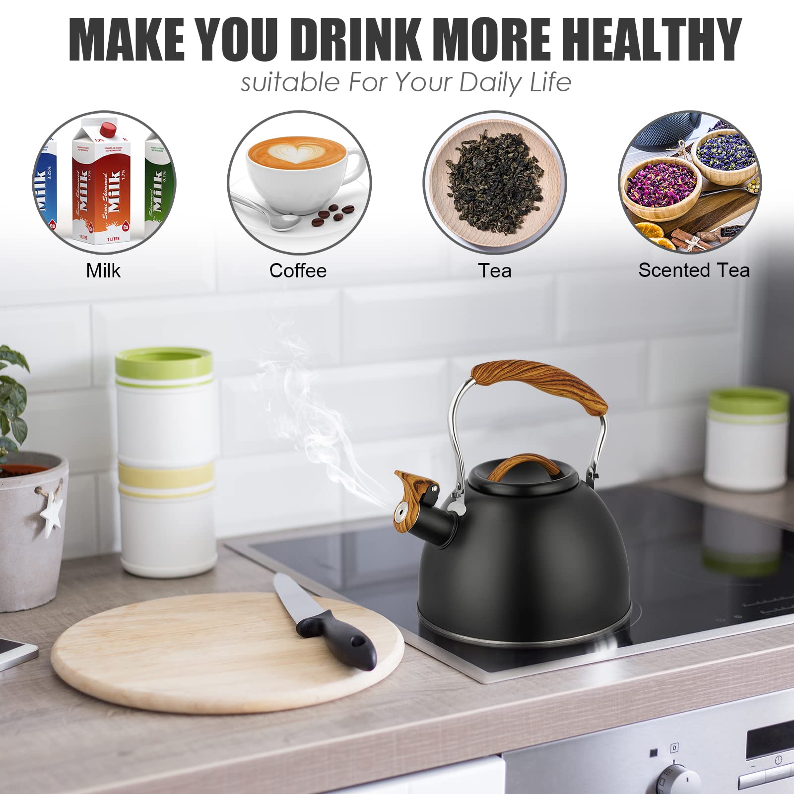 Stainless steel kettle for stove top suitable for induction electric and gas stoves