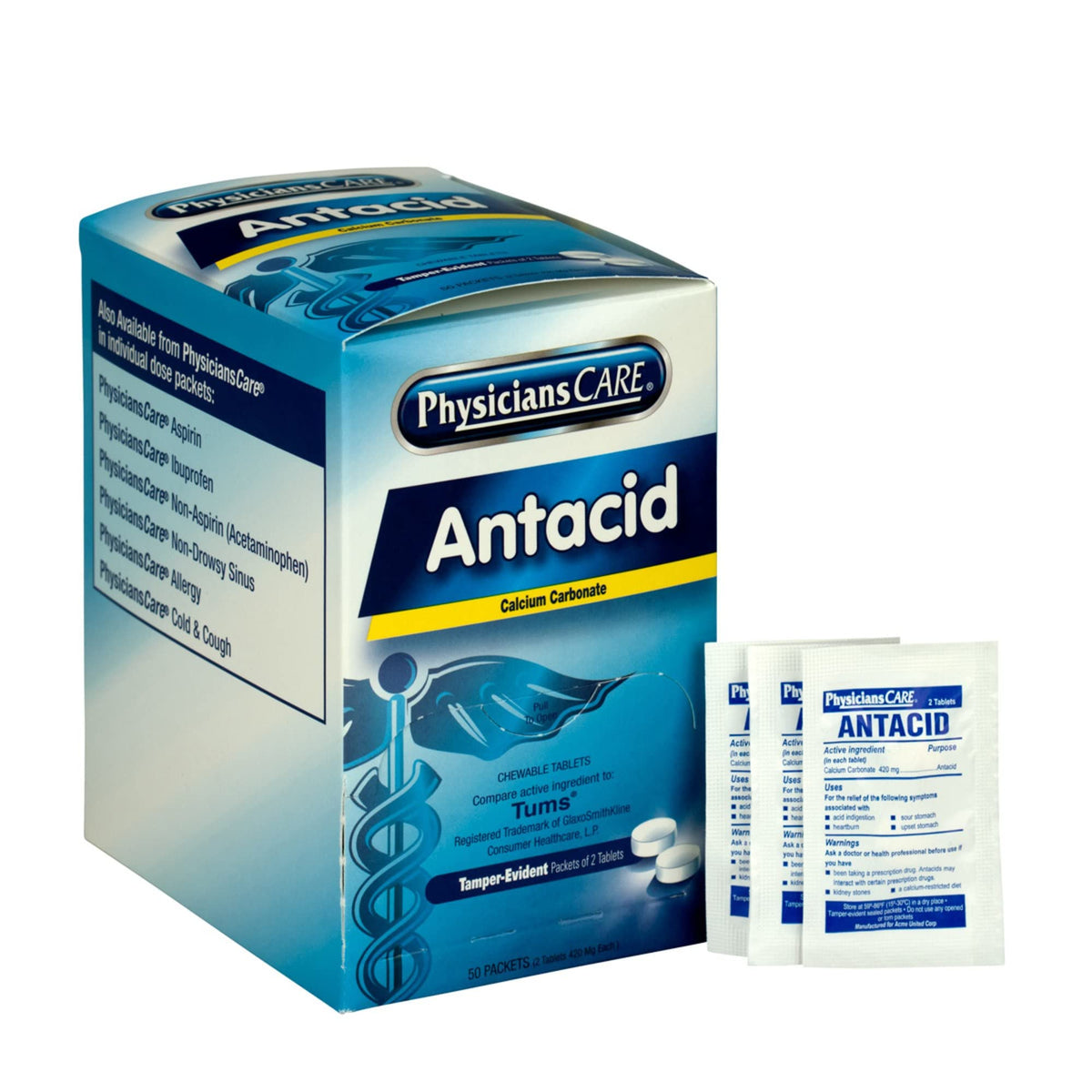 PhysiciansCare Antacid Heartburn Medication box with 50 packets