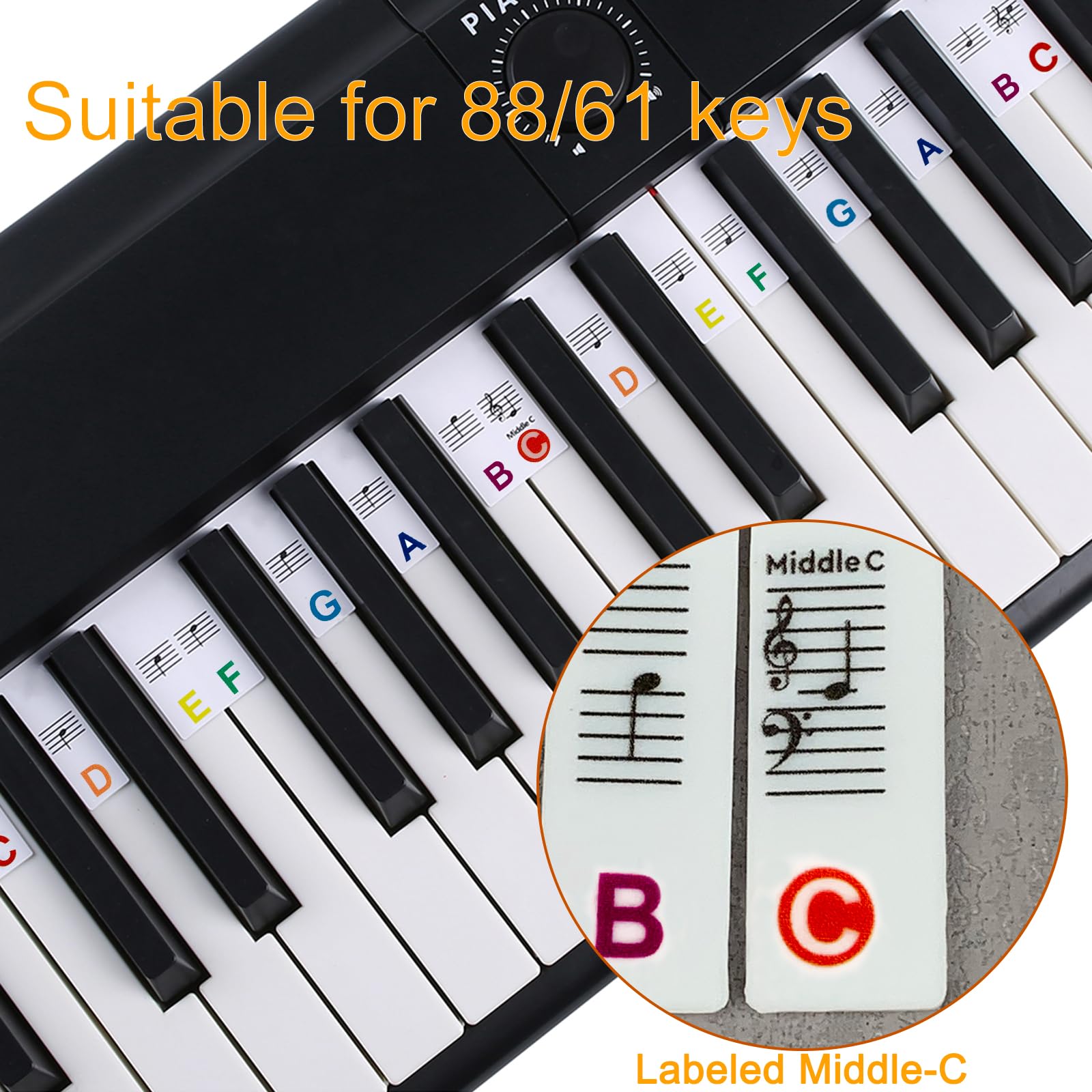 Piano stickers for beginner learners on keyboard