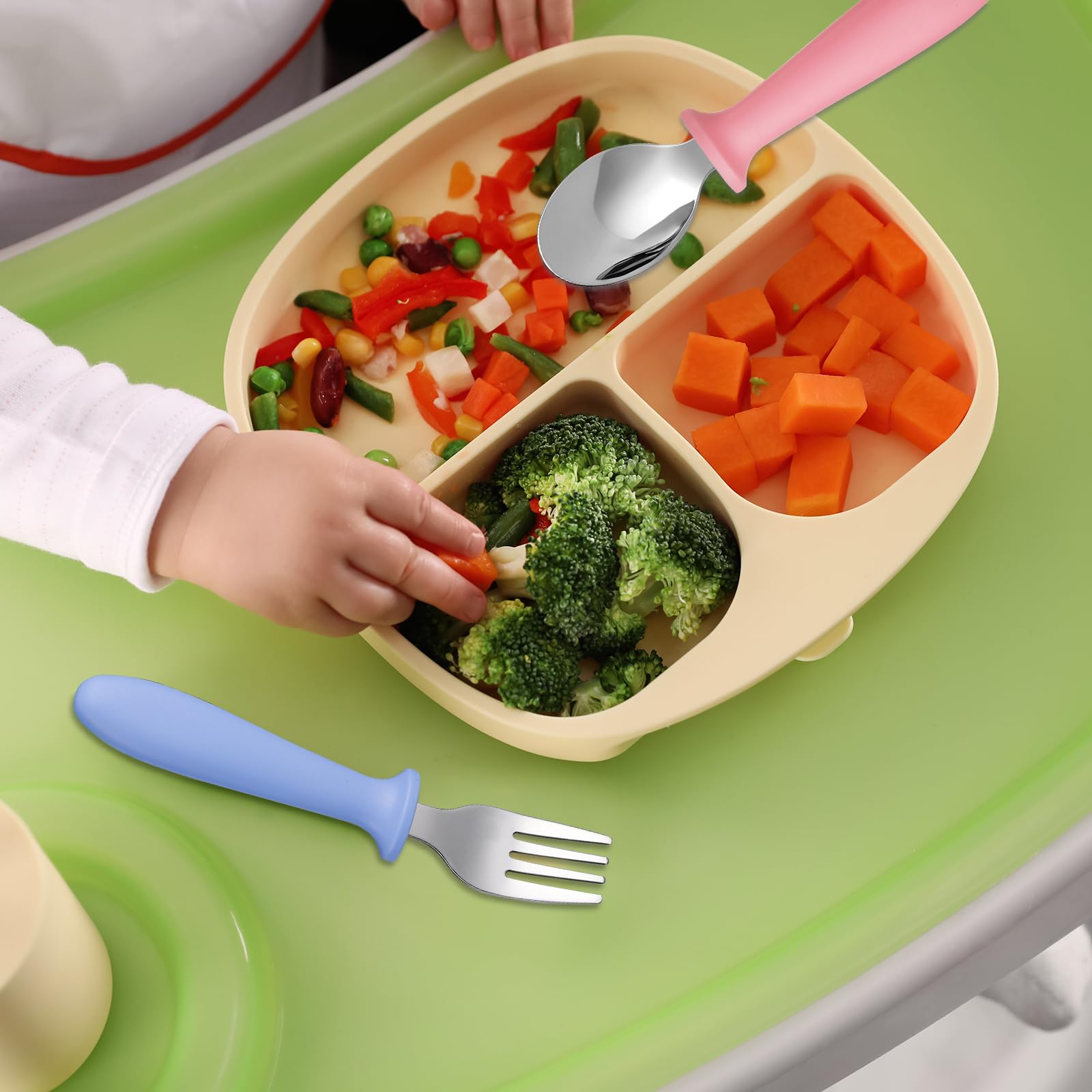 Three color forks and spoons included