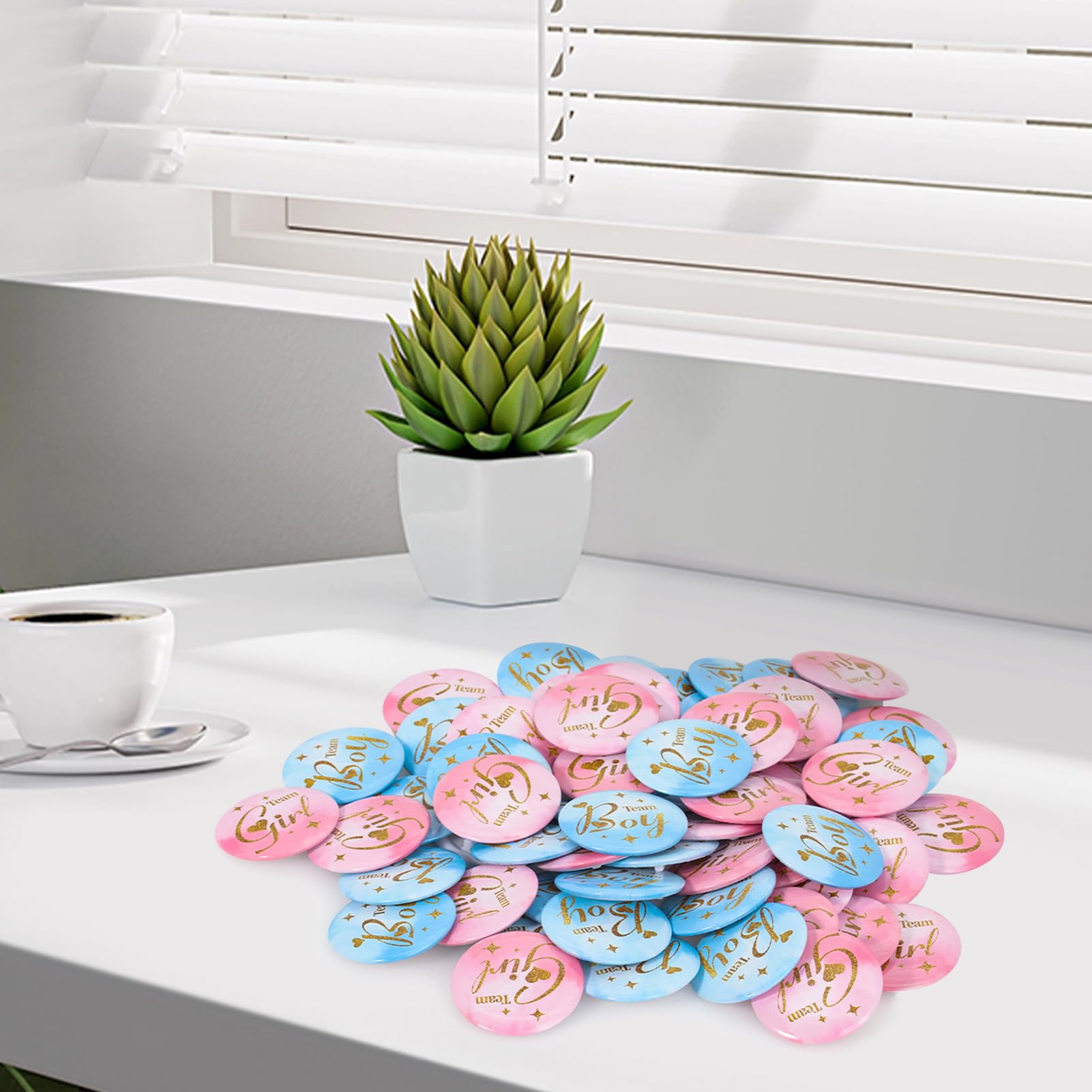 Pin diameter 1.75 inch 4.4 cm shown for gender reveal use