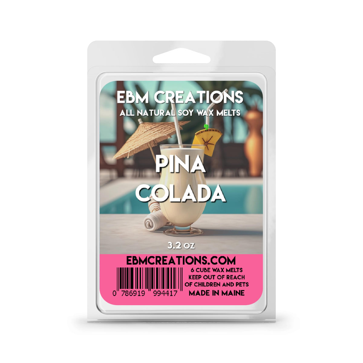 Pina Colada soy wax melts in a six cube clamshell