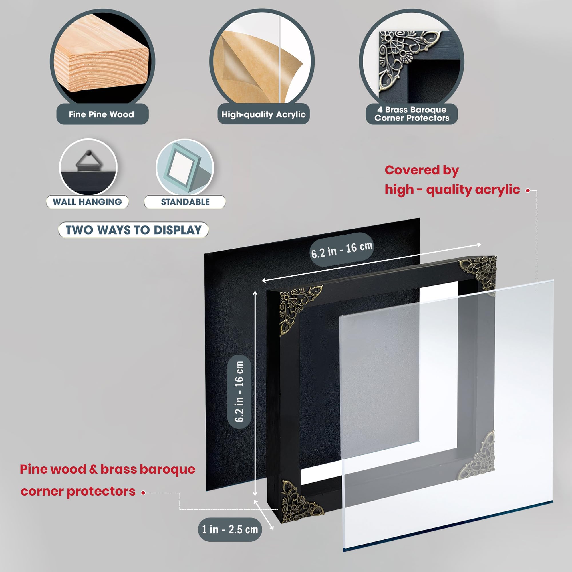 Clear acrylic front panel with brass corner accents