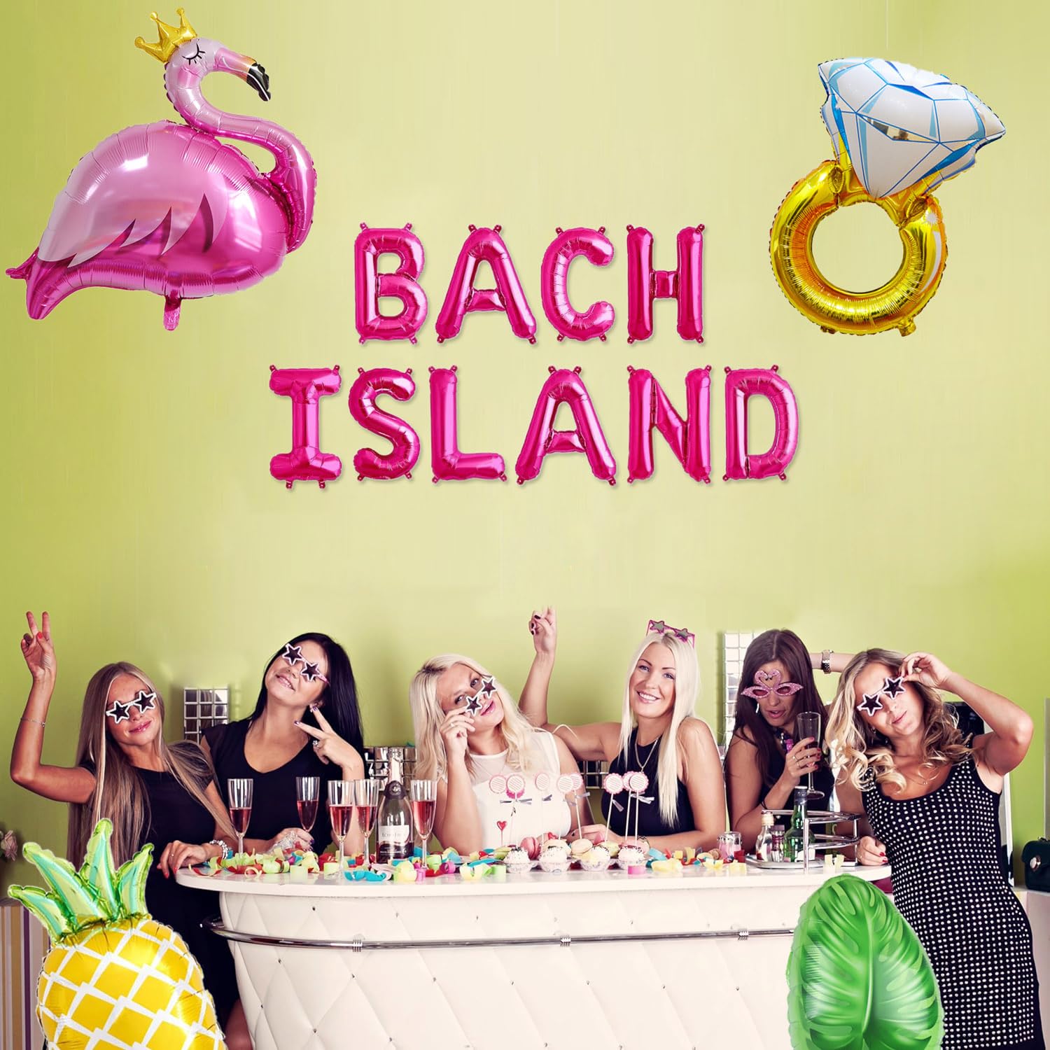 Pineapple tropical leaf ring accents with Bach Island Balloon Banner