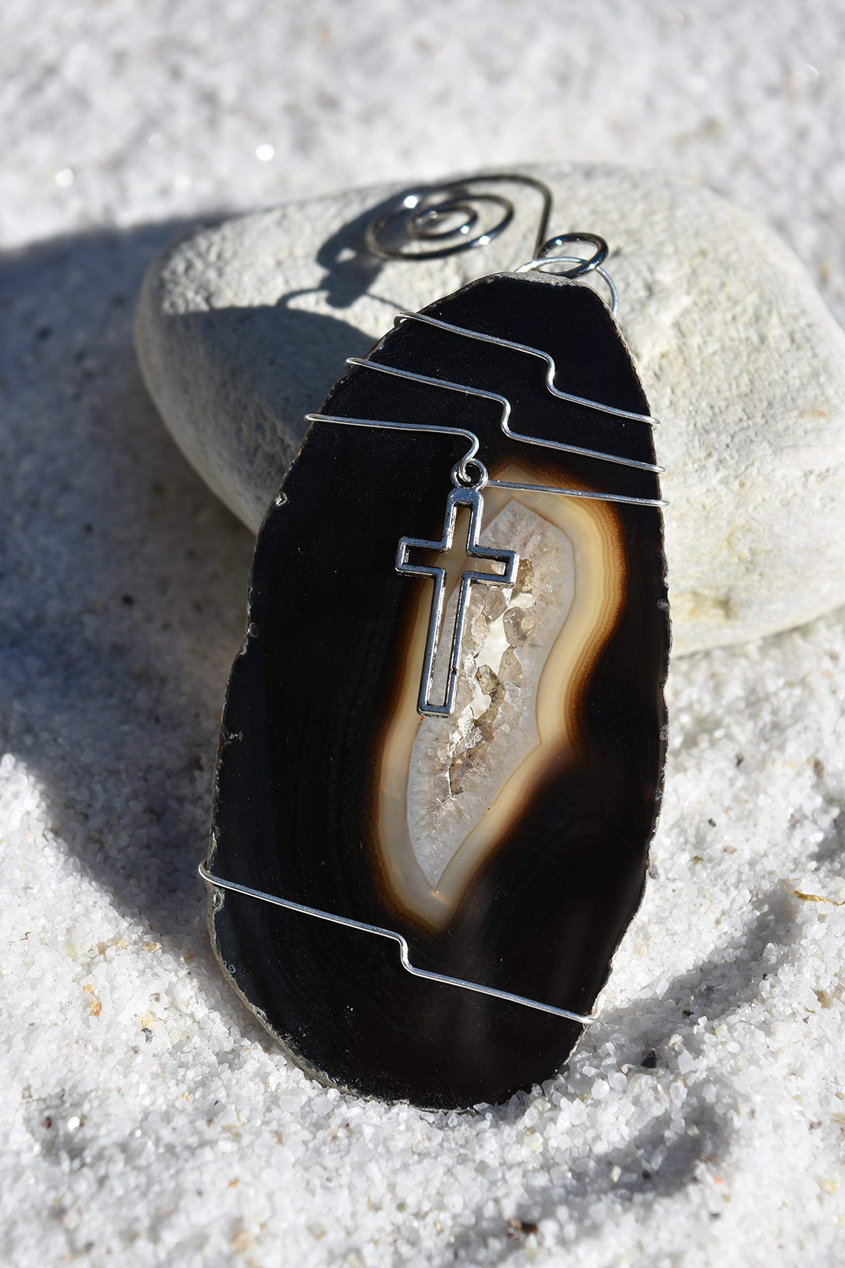 Pink color agate slice ornament with wire wrap