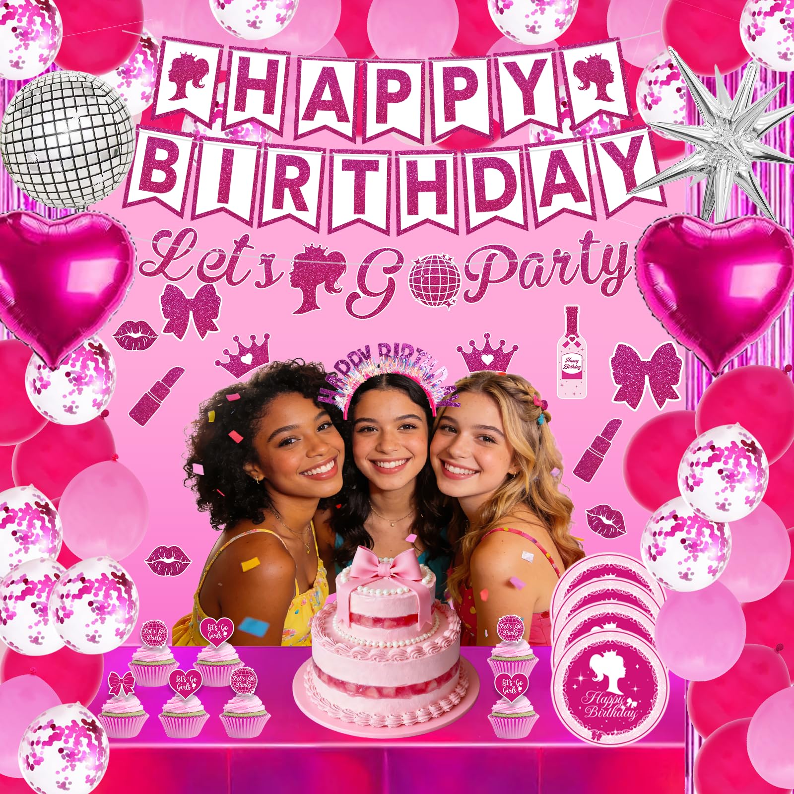 Pink birthday banner with backdrops and hanging decor