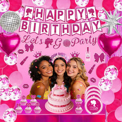 Pink birthday banner with backdrops and hanging decor