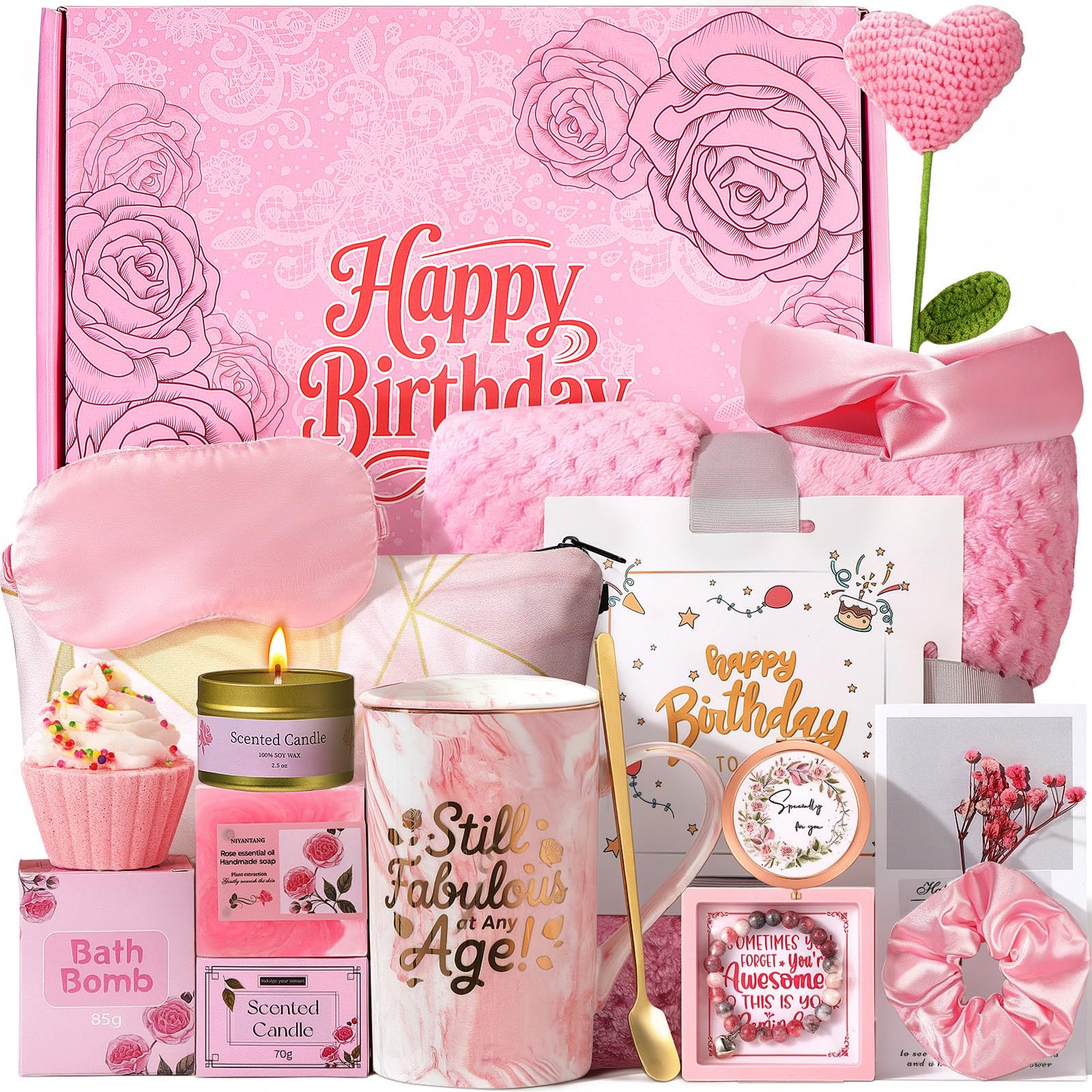 pink birthday gift box containing multiple gifts for women