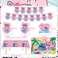 Pink Birthday Party Decorations backdrop and tablecloth setup