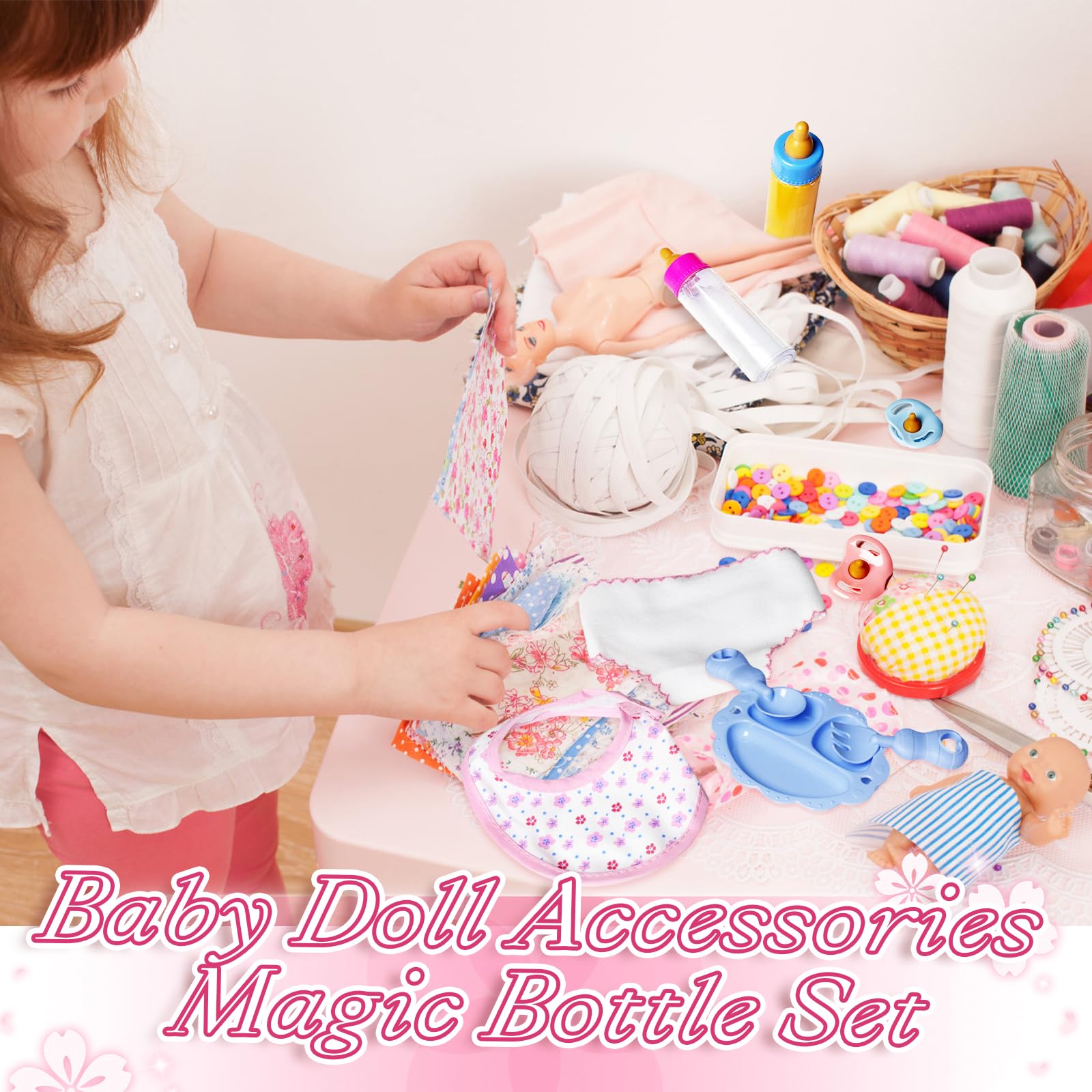 Colorful pink and blue doll feeding accessories for play