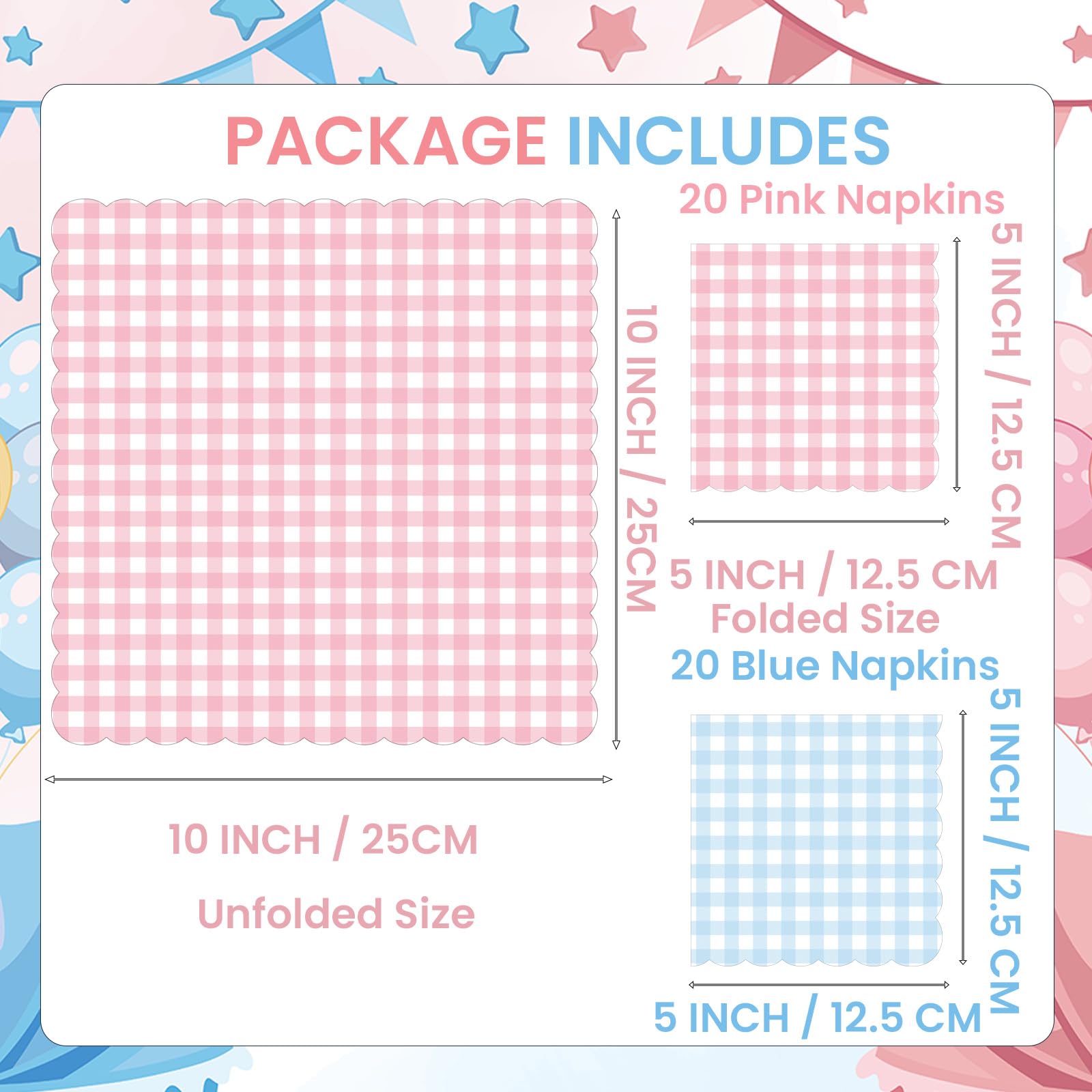 Folded 5x5 inch napkins in pink blue plaid for baby showers