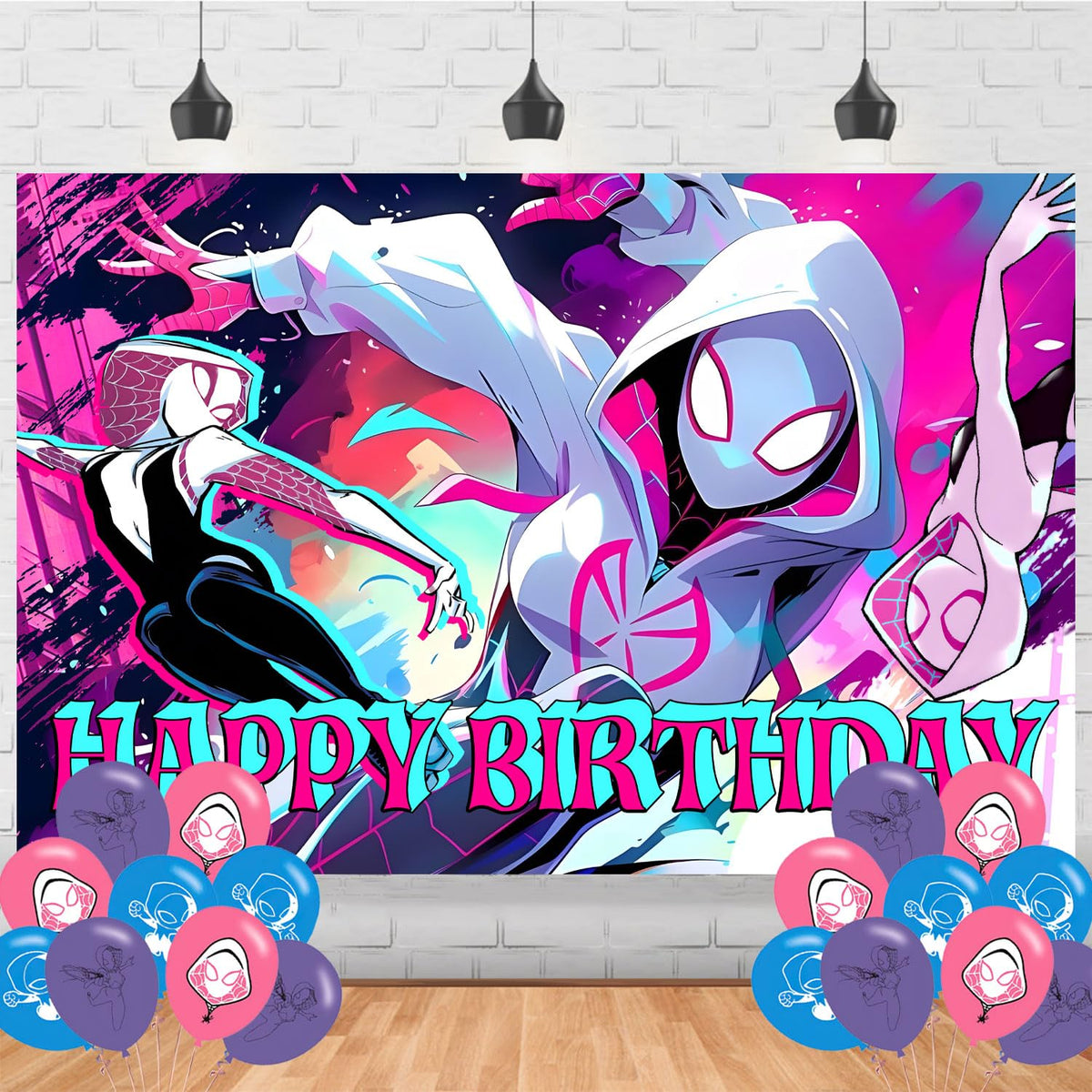 Pink Cartoon Spider Birthday Backdrop Banner 5x3ft for kids party