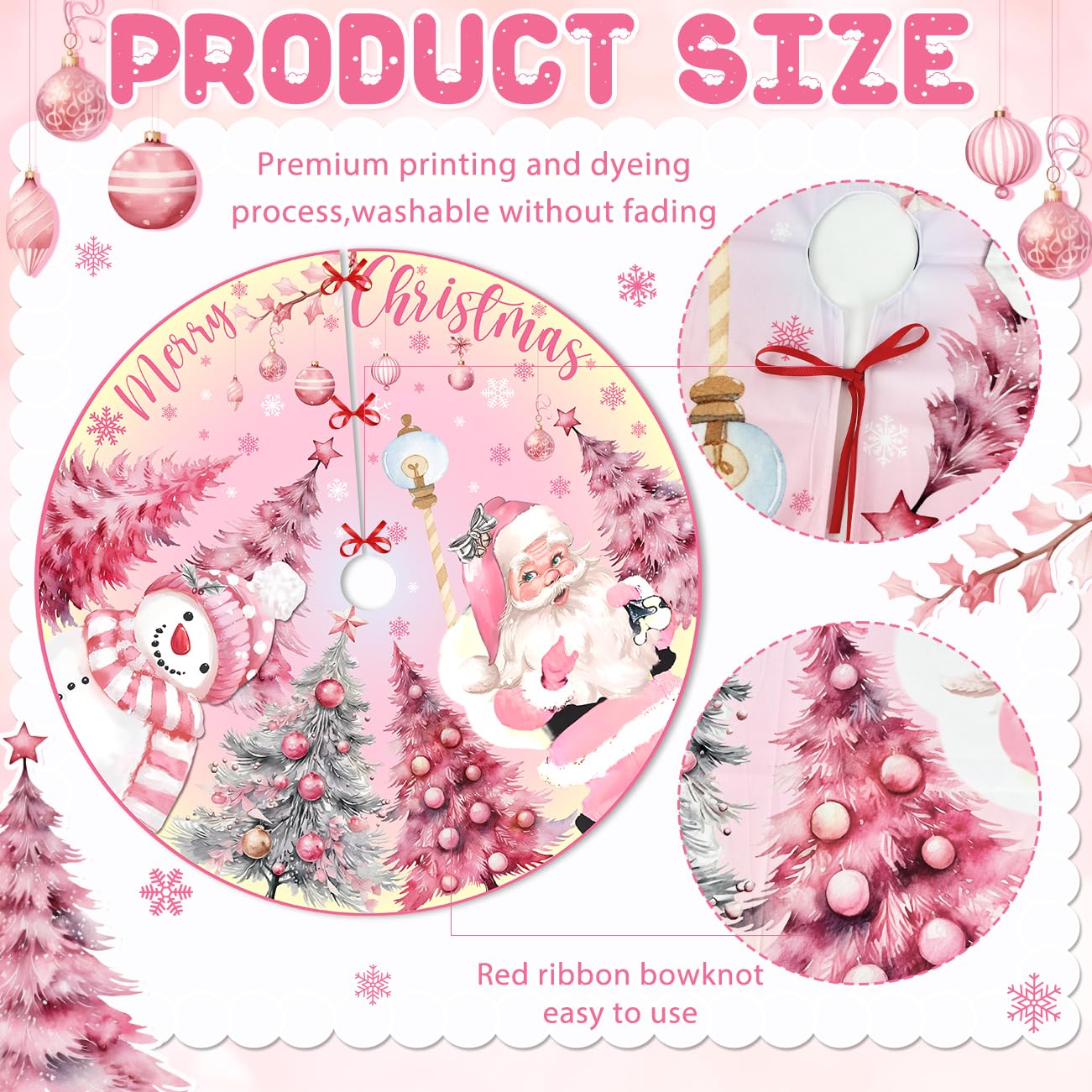 Soft polyester pink tree skirt with 3 ties adjustable