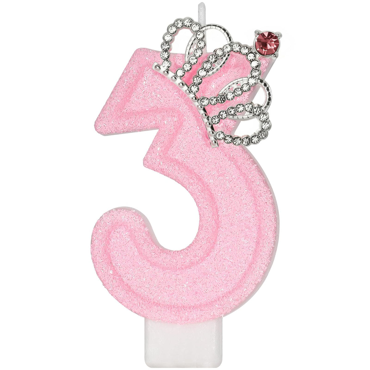 Pink crown number 3 birthday candle on cake