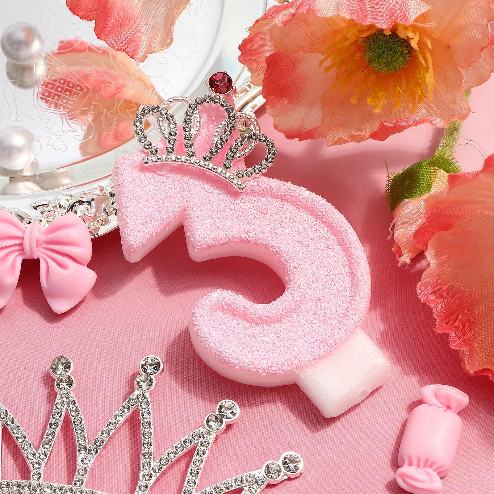 Pink crown number 3 candle princess design