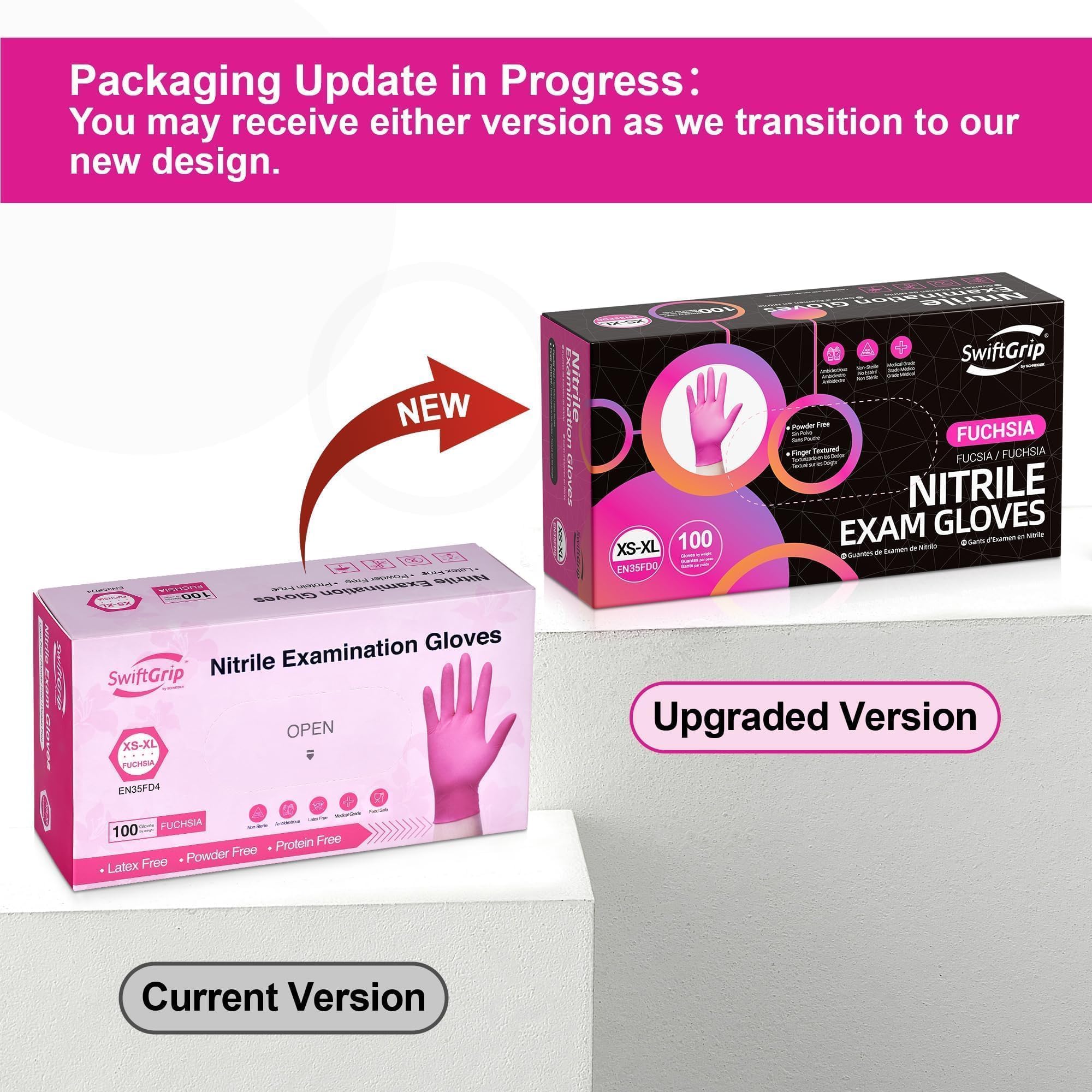 Powder-free nitrile gloves SwiftGrip packaging imagery
