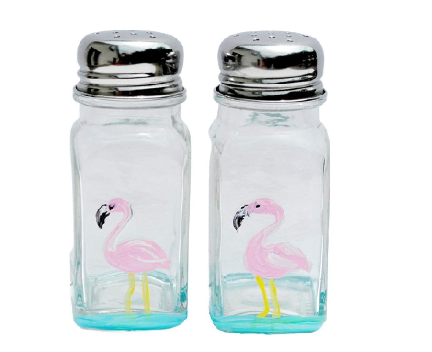 Pink Flamingo glass salt and pepper shakers with silver tops