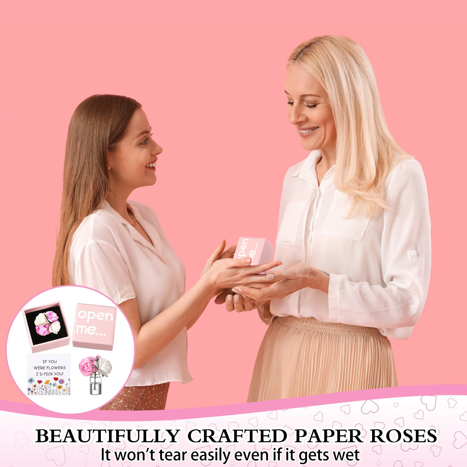 small pink gift box includes card and rose