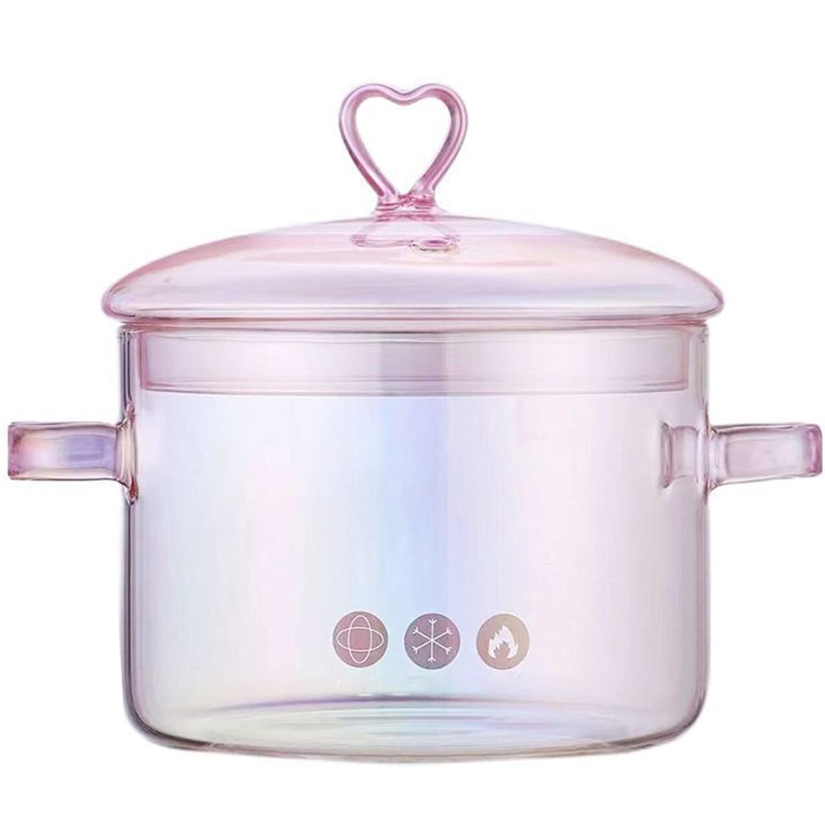 Pink glass saucepan with lid and handle showing 1.5L capacity