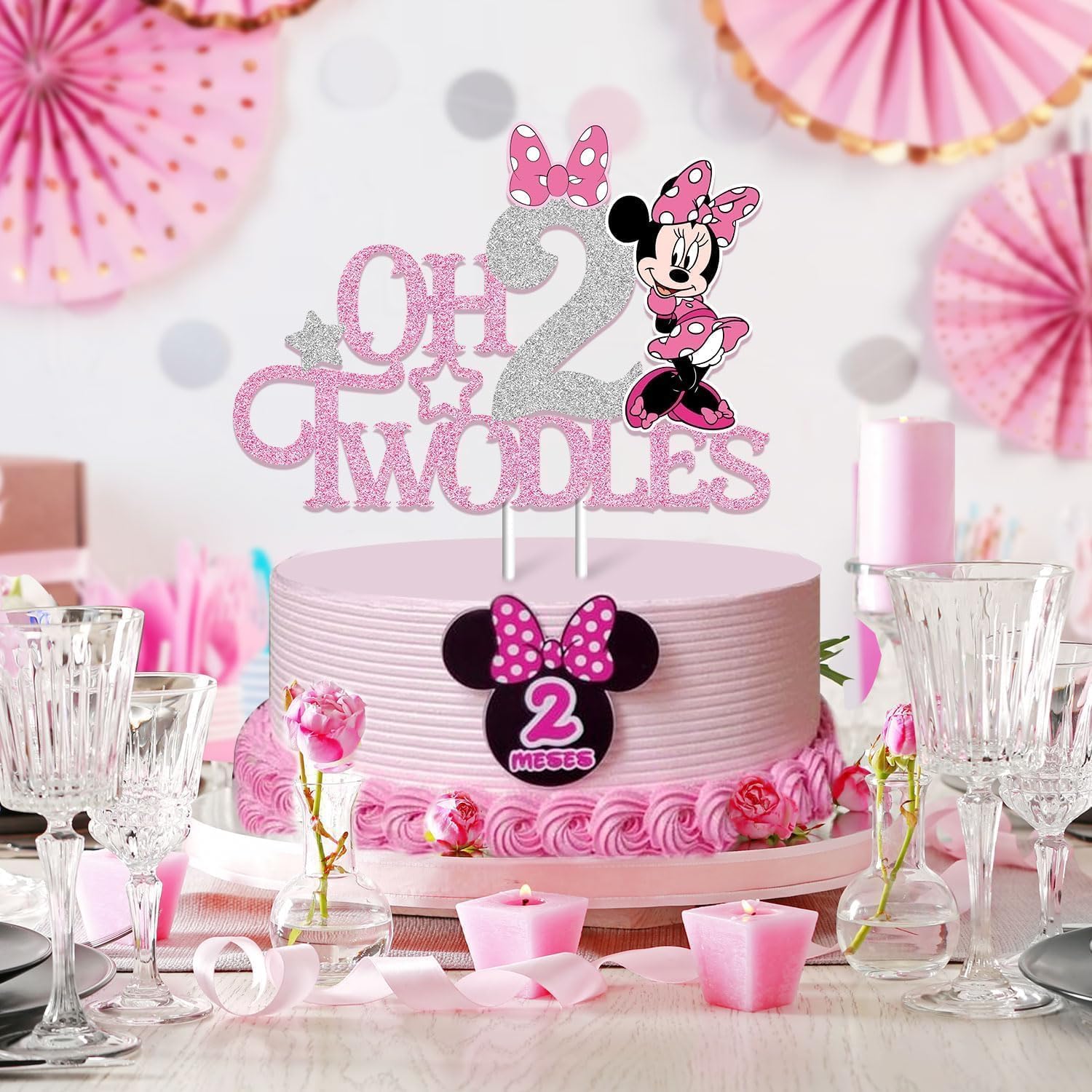 Pink glitter mouse second birthday topper with bows