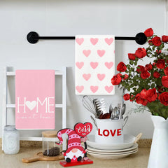 Pink heart Valentine design kitchen towel close up