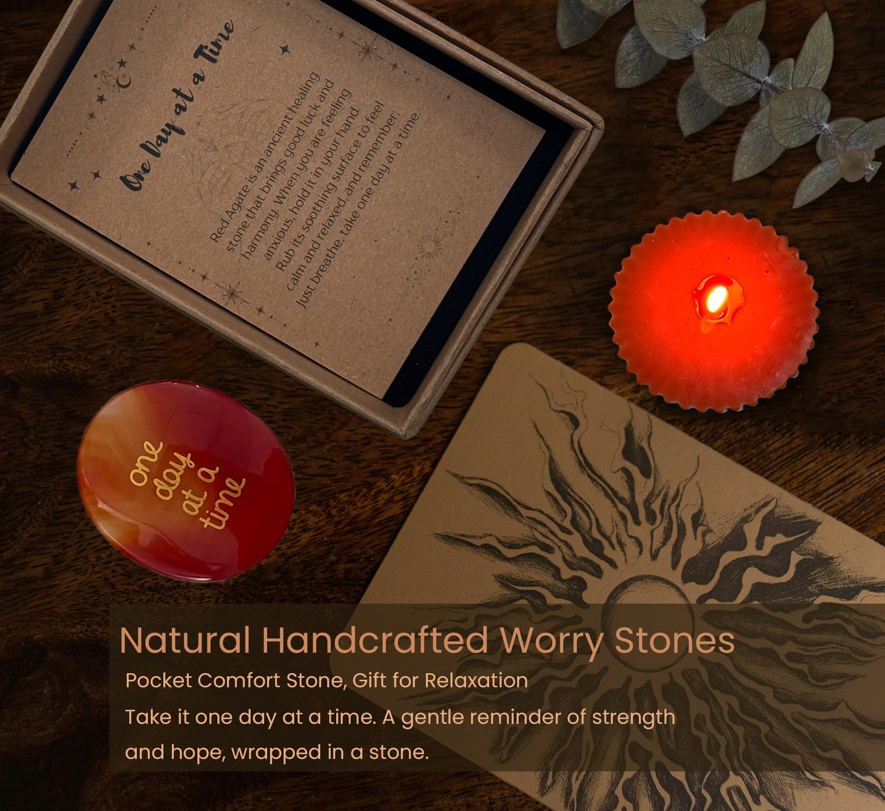 Inspirational One Day at a Time card and red agate stone