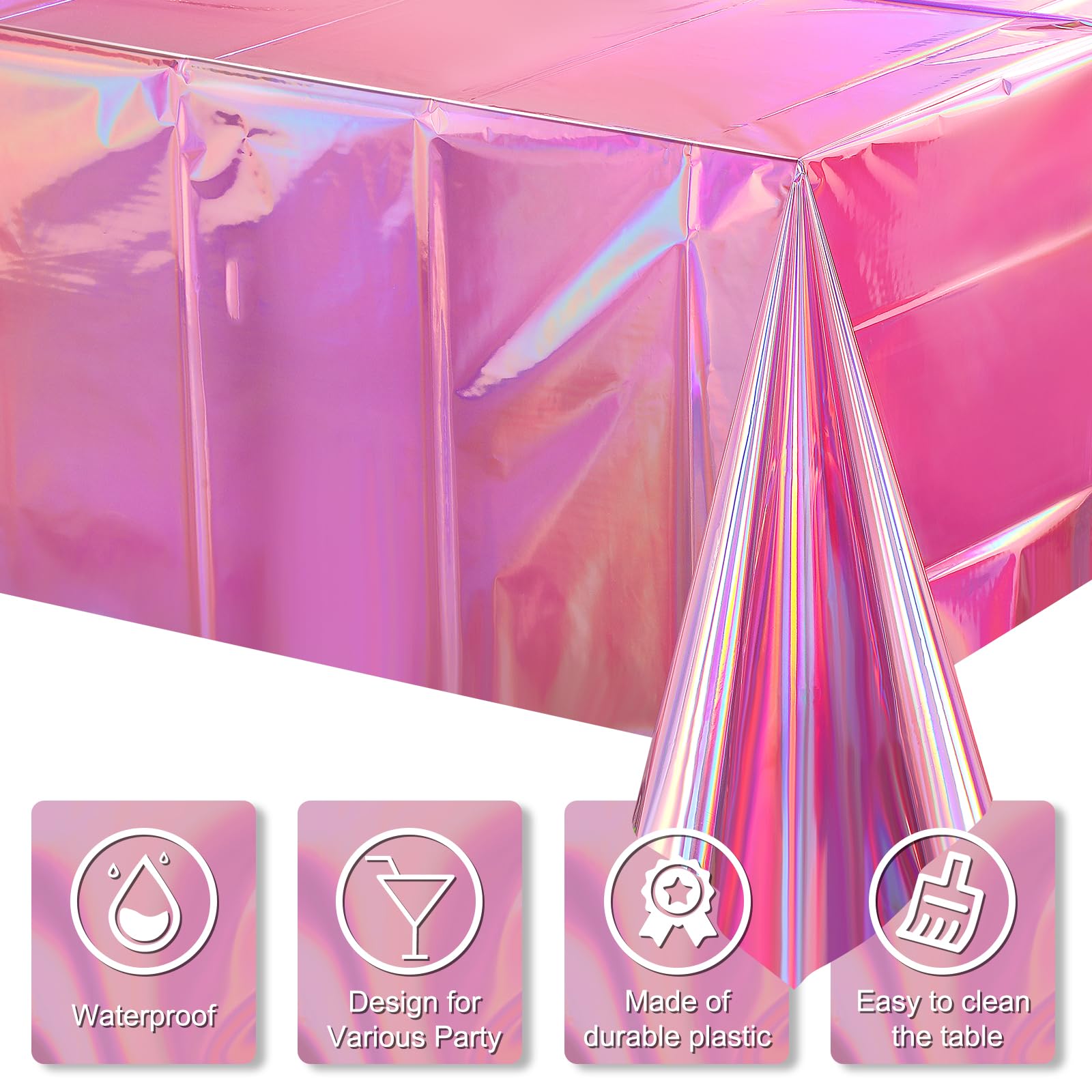 Iridescent holographic pink finish on disposable party tablecloths