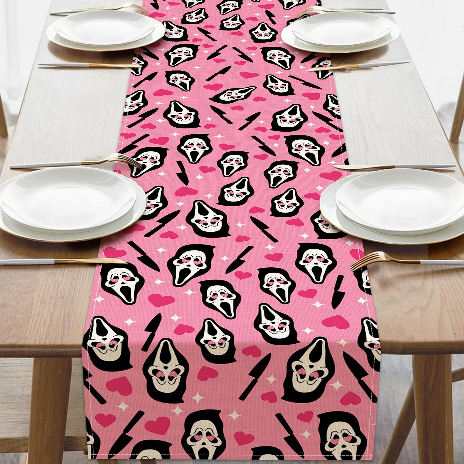 Pink Horror Table Runner design with ghost-face masks and hearts