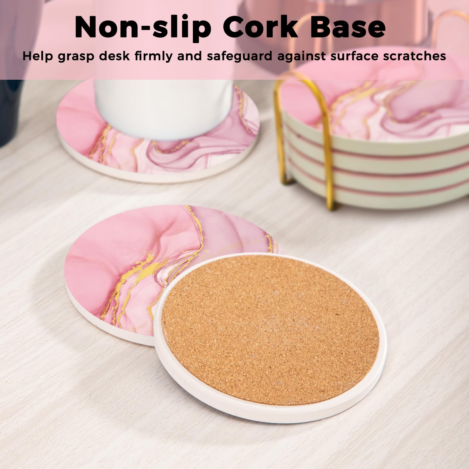 Pink abstract marble design coaster in set with holder