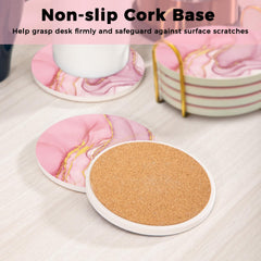 Pink abstract marble design coaster in set with holder