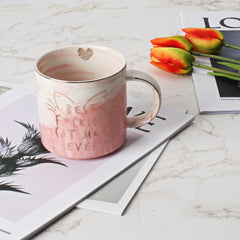 Pink marble ceramic mug with gold accents 11.5oz