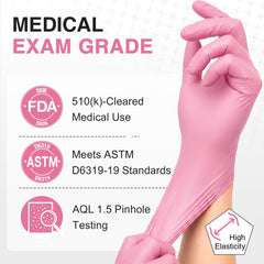 Pink powder-free latex-free nitrile gloves close up palm