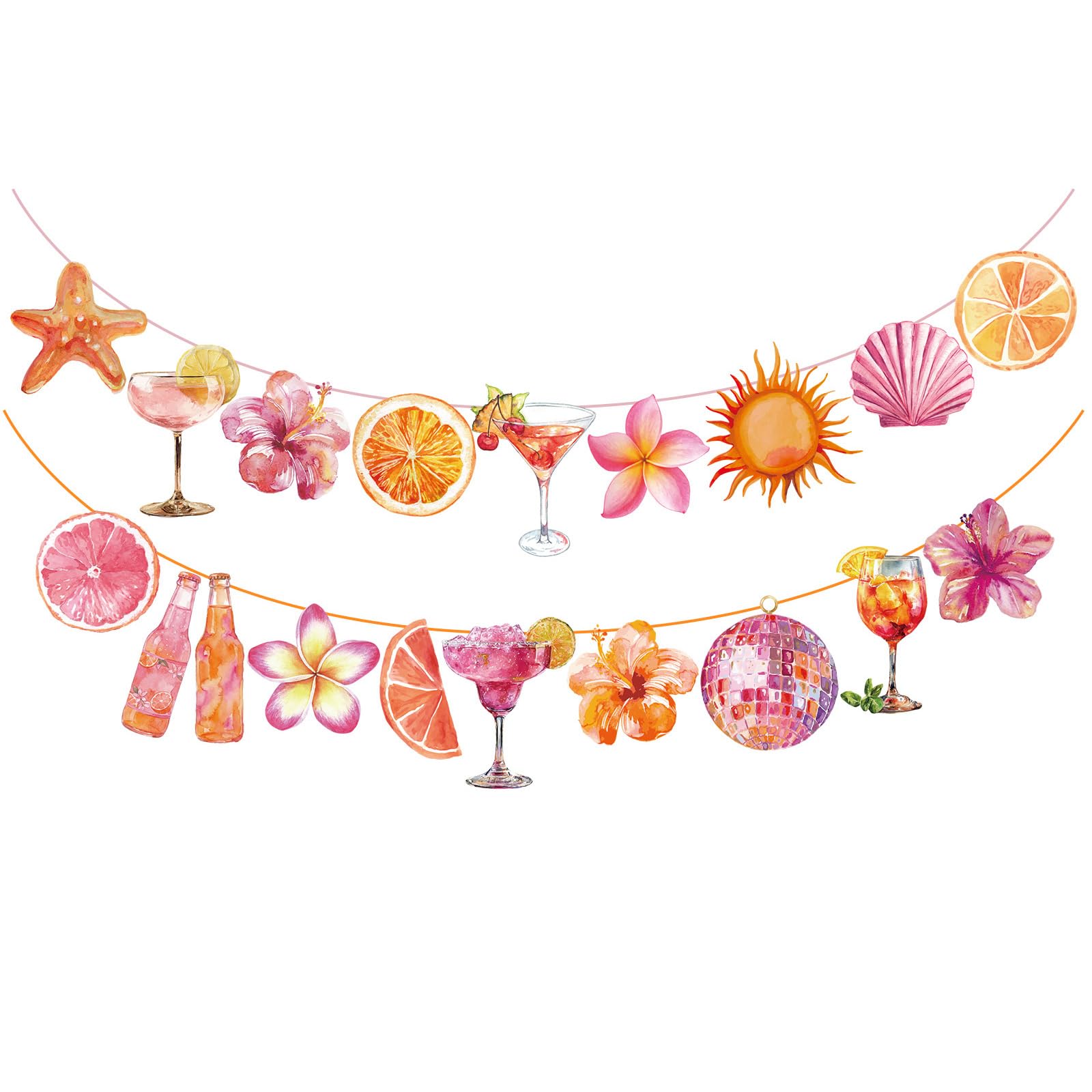 Pink Orange Sunset Party Banner design with tropical motifs