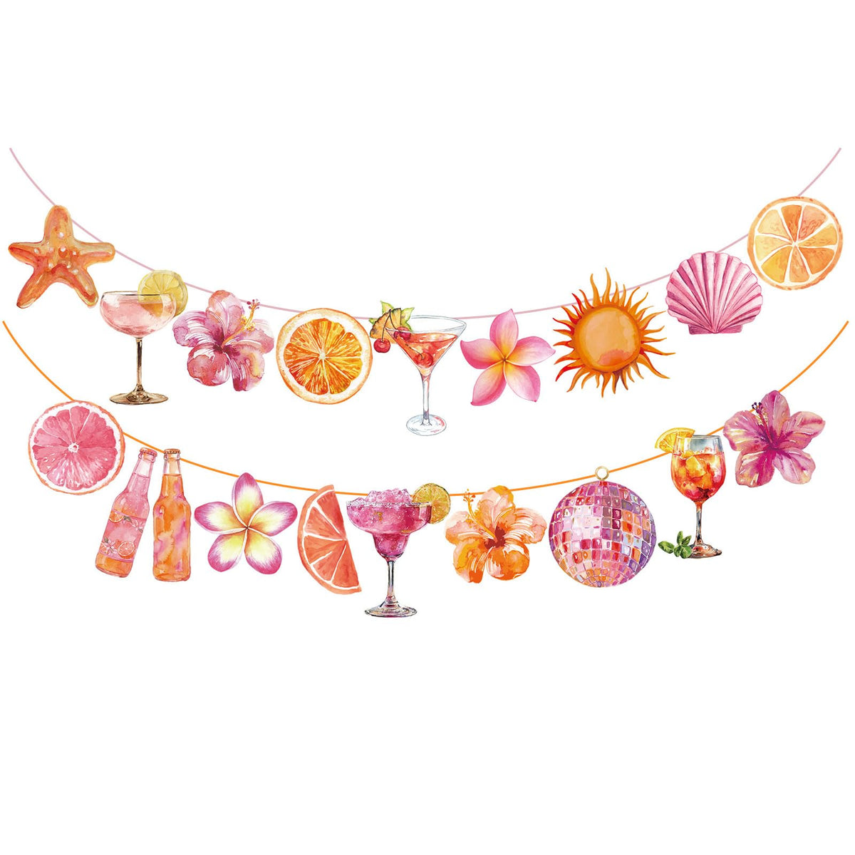 Pink Orange Sunset Party Banner design with tropical motifs
