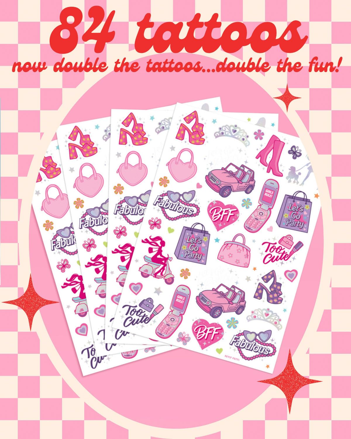 pink party temporary tattoos four sheets 8.25 by 6 inches each