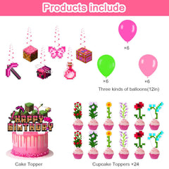 Pink Pixel Birthday Party Decorations cake topper for mining gamer party