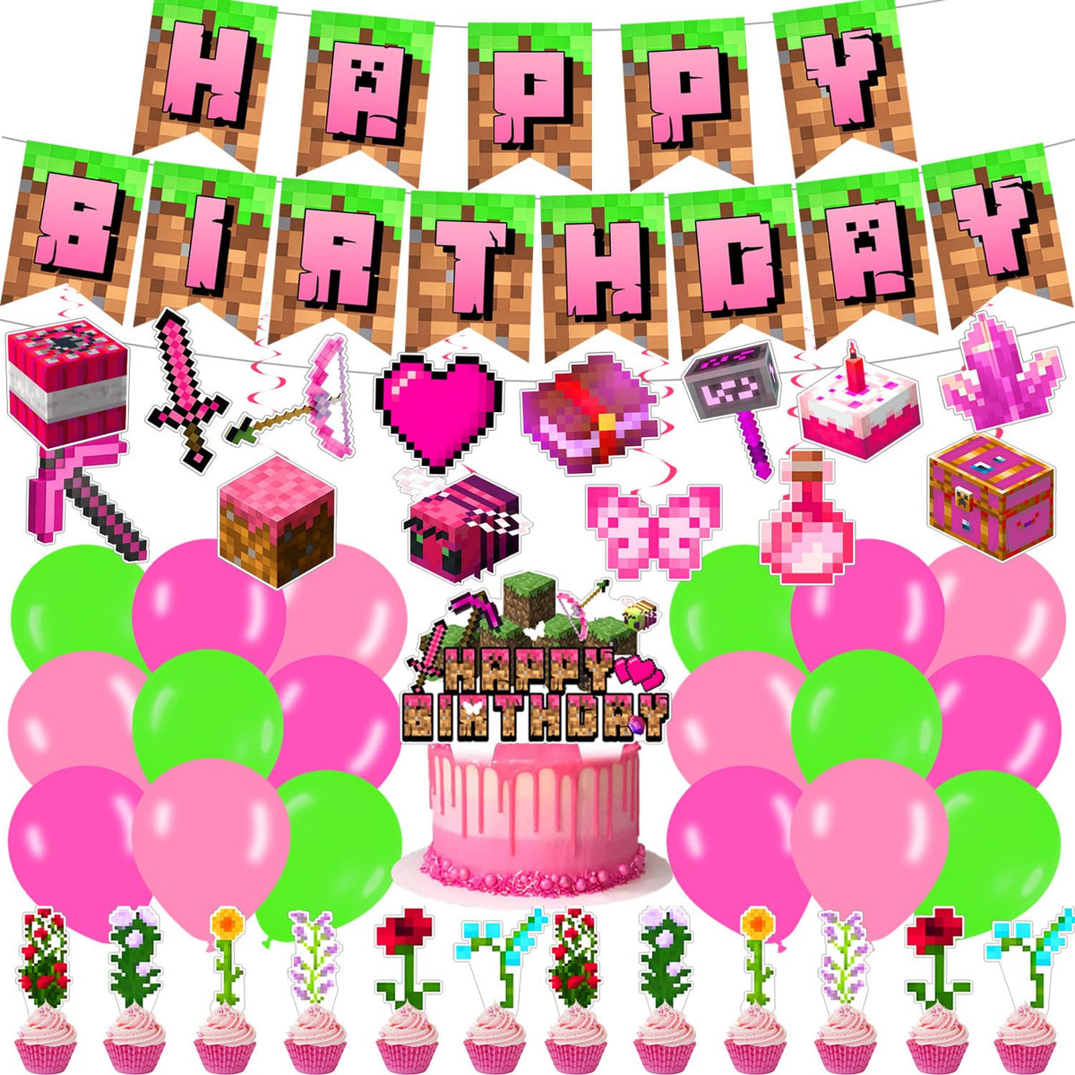 Pink Pixel Birthday Party Decorations banner display