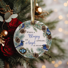 Loving Memory Blue Jay ornament with red and gold ribbon by Pink Posies and Pearls