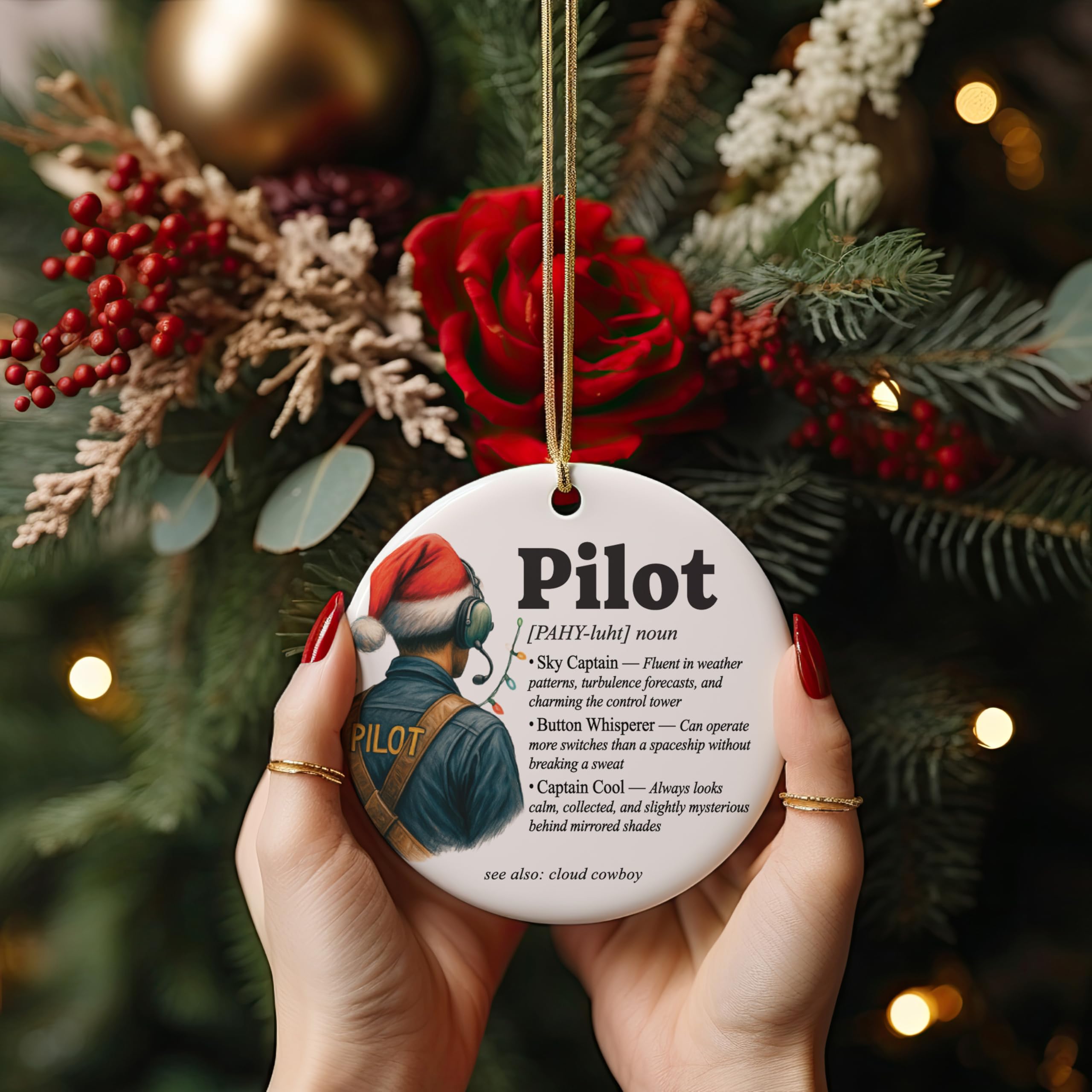 Airplane captain ornament white ceramic with holiday glaze