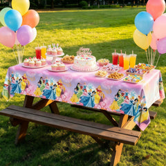 Disposable or reusable princess party tablecloth for cleanup
