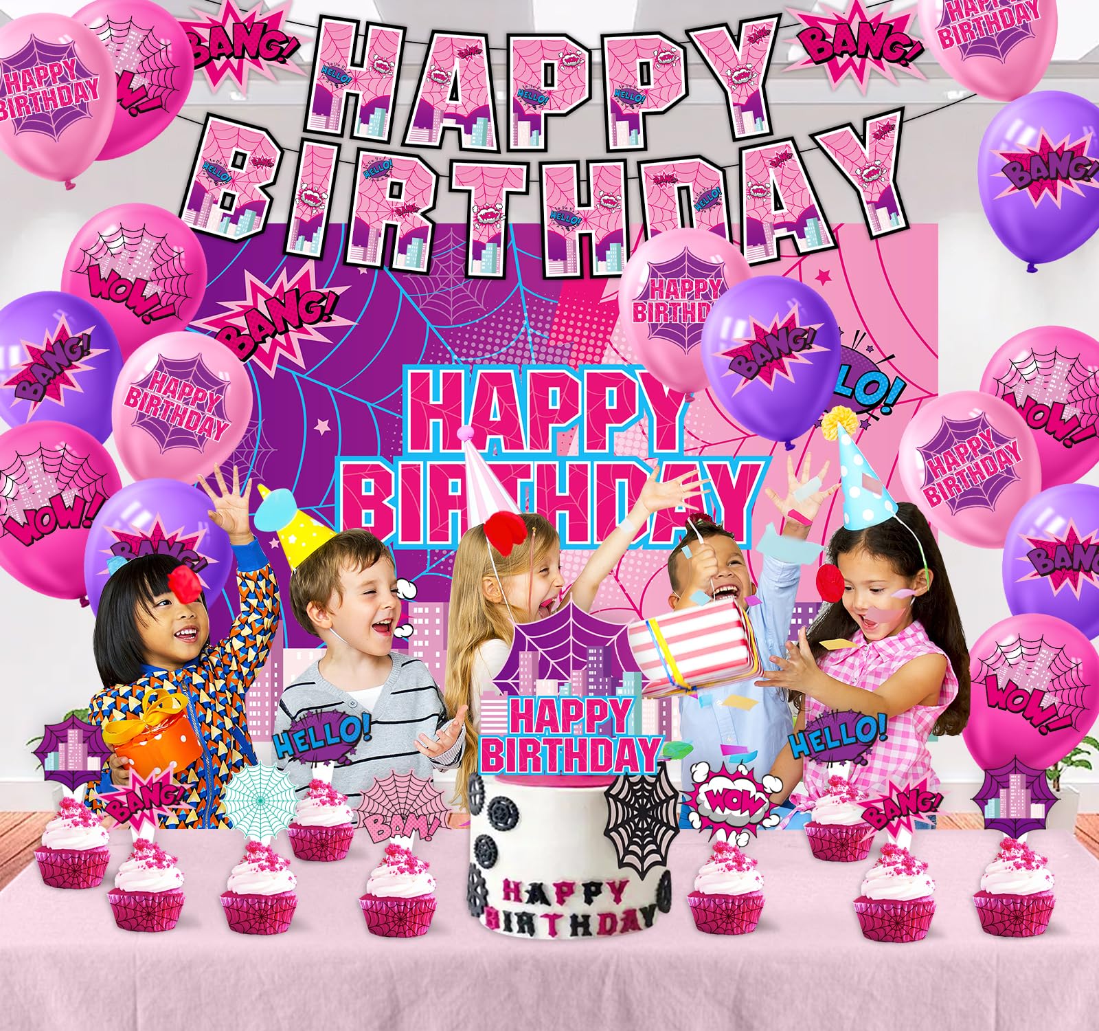 Party decor setup with banner backdrop balloons and toppers