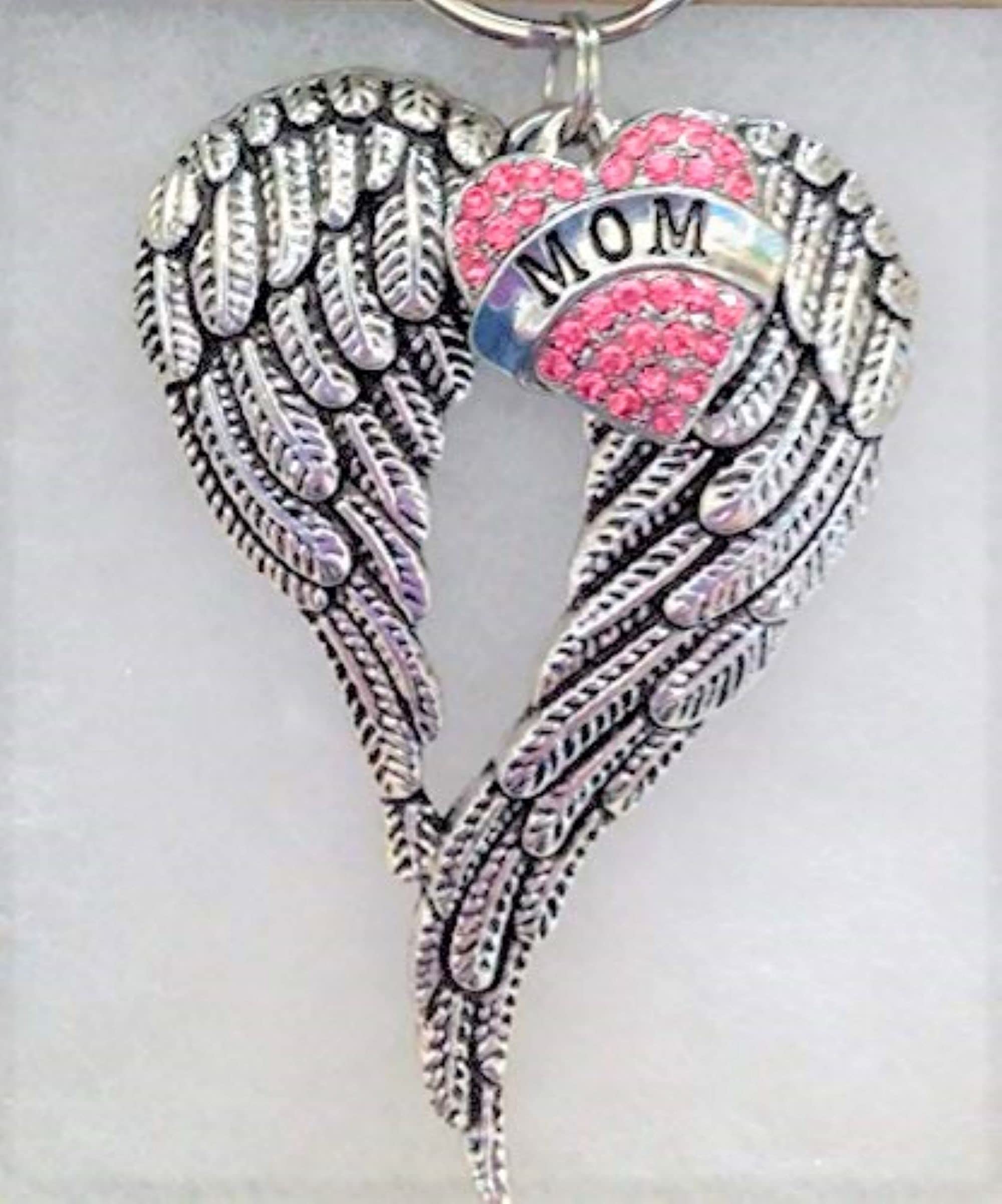 Antiqued Metal Angel Wings Ornament with Pink Rhinestone Mom Heart Charm