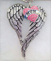 Antiqued Metal Angel Wings Ornament with Pink Rhinestone Mom Heart Charm