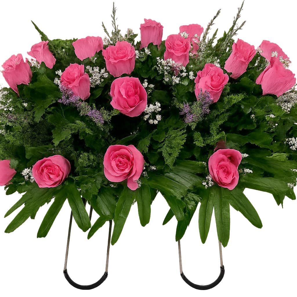 Pink Rose Spring Cemetery Flowers in a saddle for headstone