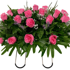 Pink Rose Spring Cemetery Flowers in a saddle for headstone