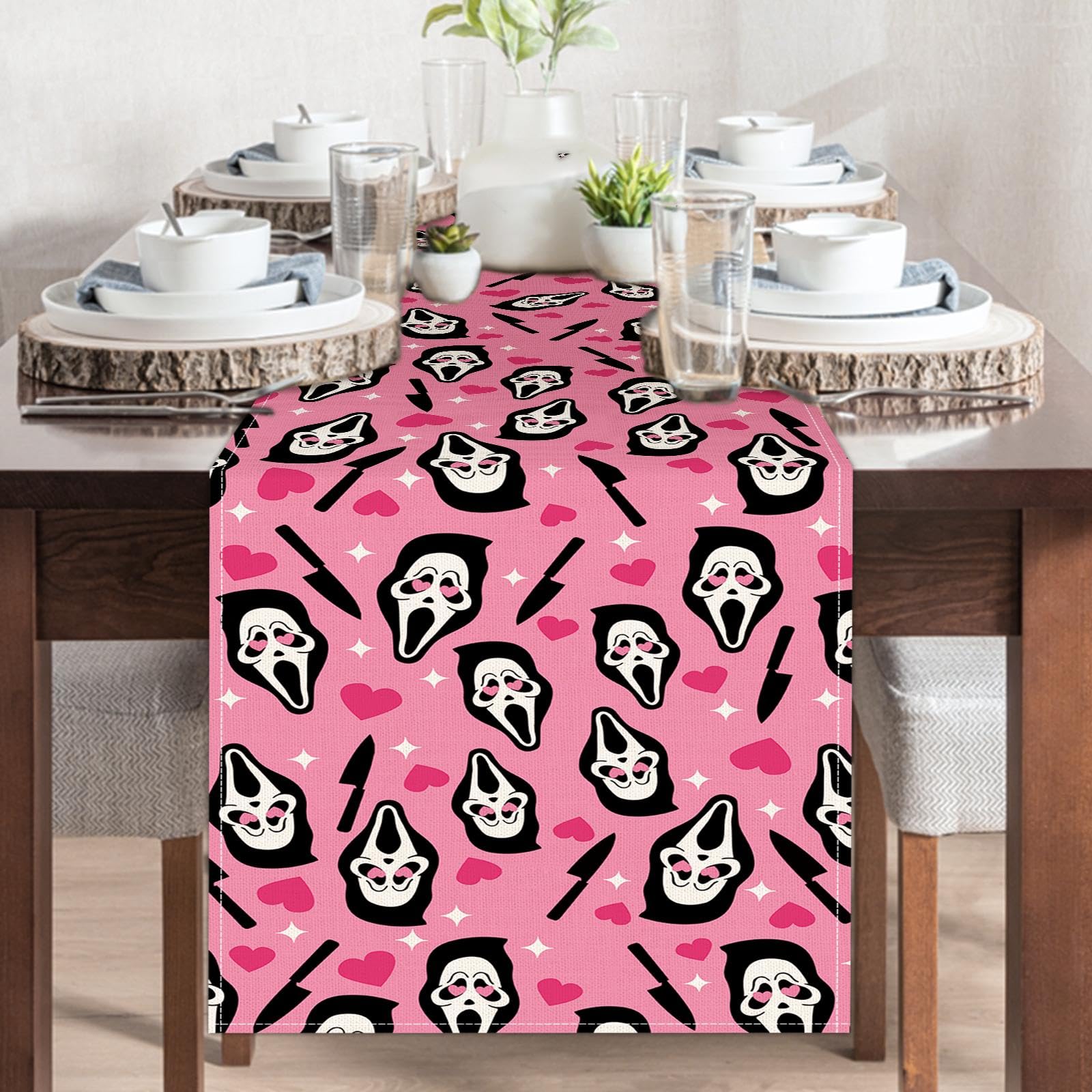Spooky mask heart print on linen-look fabric