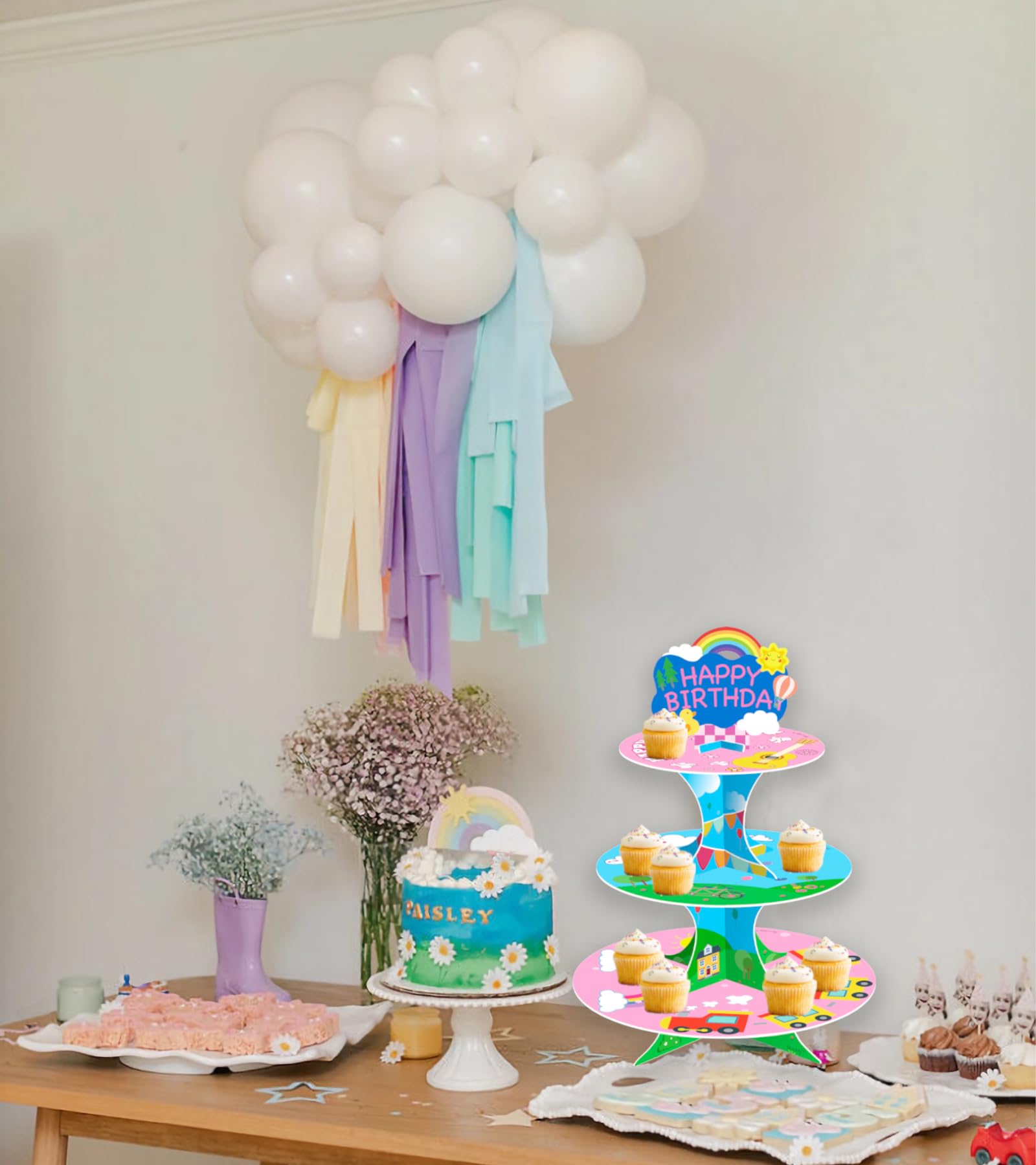 Pink theme party decor cupcake stand with cartoon design