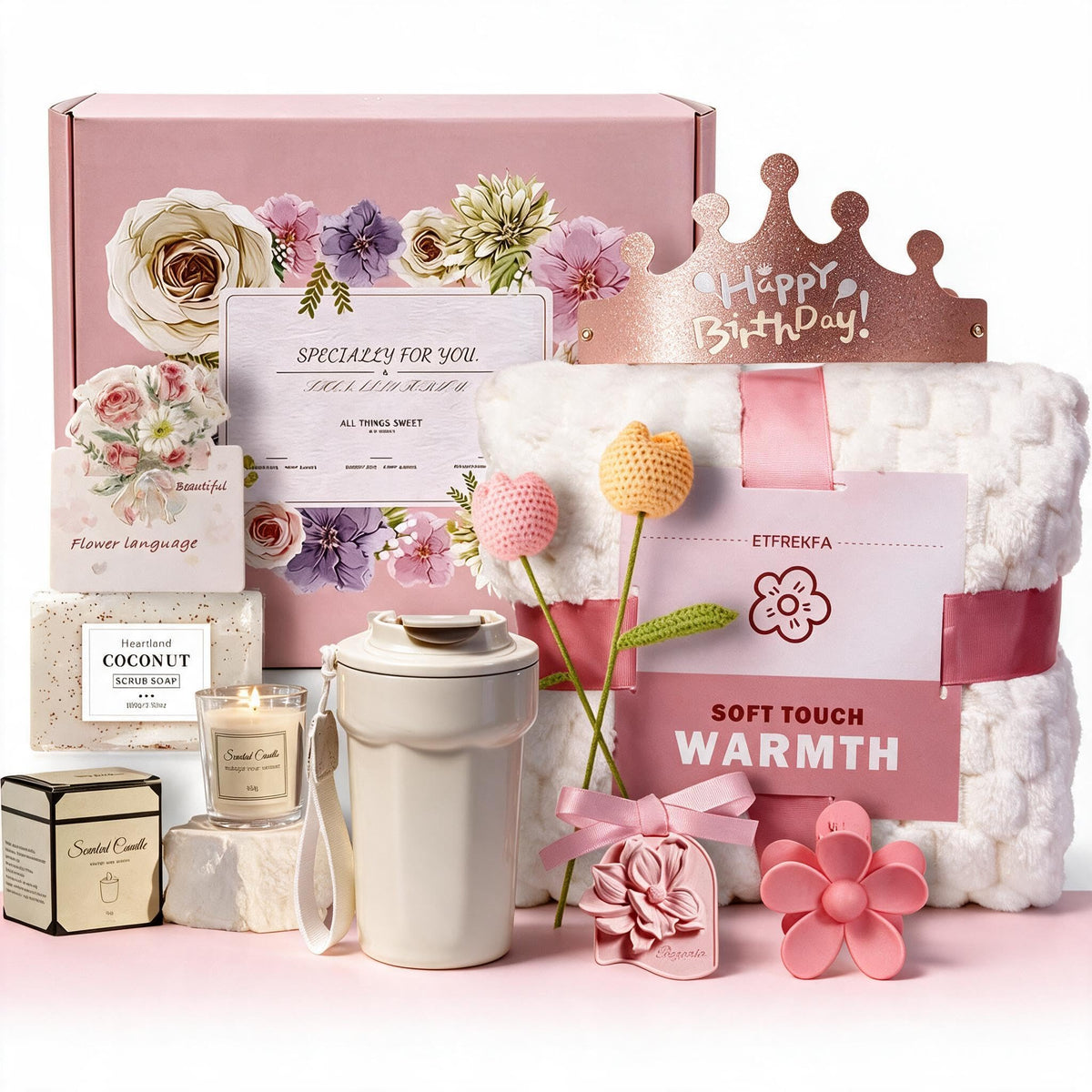 Pink themed birthday gift for women basket with tumbler and blanket